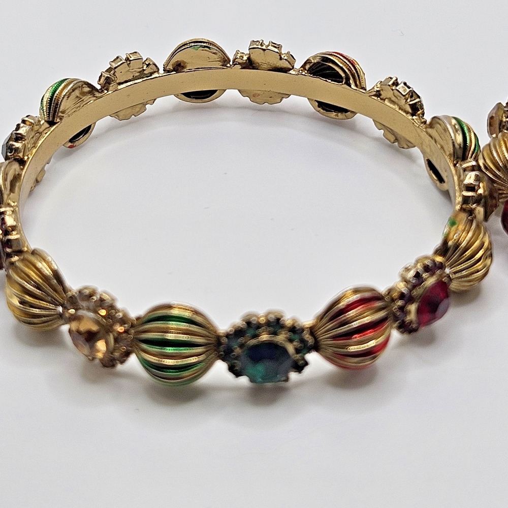 Set Bangle Bracelets Rhinestone Colorful Red Green Gold Tone - Picture 5 of 10